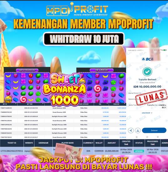 MPOPROFIT JACKPOT SLOT PRAGMATIC! KEMENANGAN MURNI DI (SWEET BONANZA 1000 TOTAL RP. 10.000.000,- LUNAS)